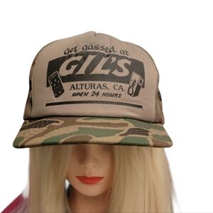 Vintage GIL'S Gas Station Trucker Hat Mens Camo Get Gassed Alturas CA USA